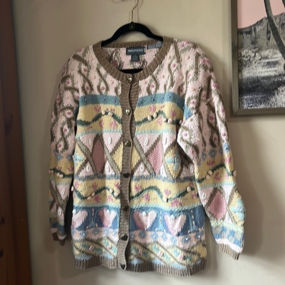 Vintage Maurice’s Pastel Grandma Hand Knit Cardigan Size Medium